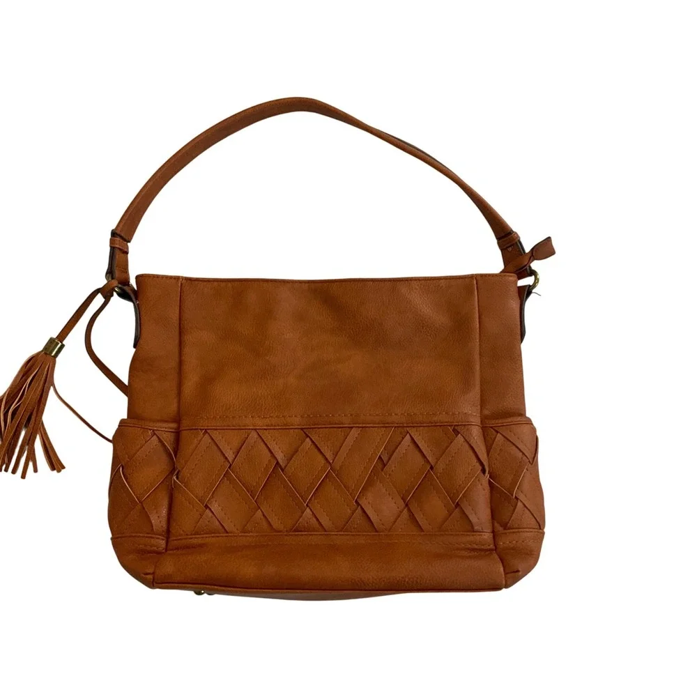 Darcy Marks London Hobo Bag Tan Faux Leather Woven Pocket Shoulder Bag‎